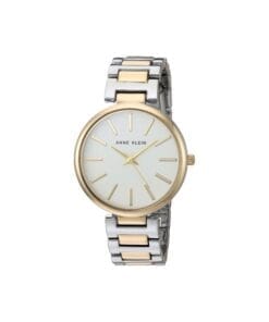 Elegant two-tone Anne Klein women's watch featuring a silver case and gold bracelet on a white dial, available at AH Brands.