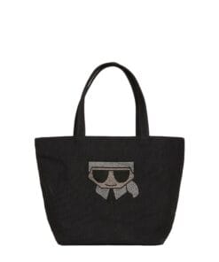 White cotton canvas tote bag by Karl Lagerfeld Paris, featuring black logo detailing and a secure top zip closure, perfect for stylish women in Bahrain.