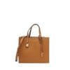 Luxurious brown coated leather Marc Jacobs Mini Grind tote bag featuring lock and key charms, displayed against a neutral background.