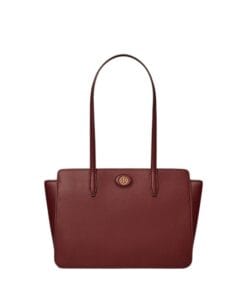 Rich claret pebbled leather Tory Burch Small Robinson Tote, perfect for professional women in Bahrain seeking everyday luxury.