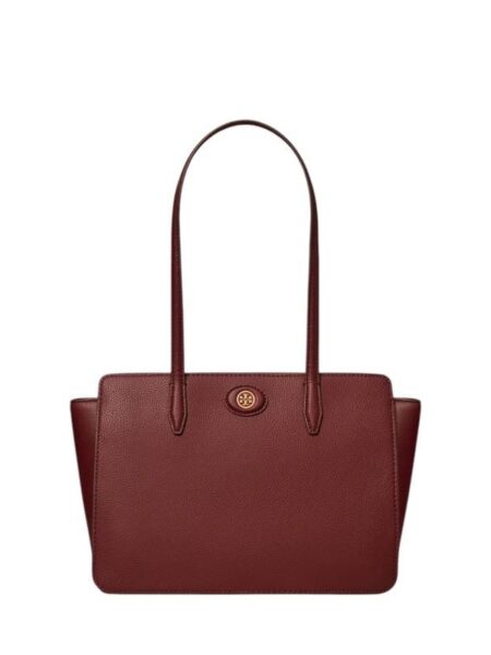 Rich claret pebbled leather Tory Burch Small Robinson Tote, perfect for professional women in Bahrain seeking everyday luxury.