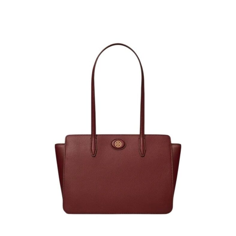 Rich claret pebbled leather Tory Burch Small Robinson Tote, perfect for professional women in Bahrain seeking everyday luxury.