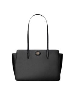 Elegant black pebbled leather Tory Burch Small Robinson Tote, perfect for professional women in Bahrain.