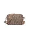 Women's DKNY Branton crossbody bag in beige logo PVC with adjustable strap and gold hardware, available in Bahrain.
