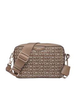 Women's DKNY Branton crossbody bag in beige logo PVC with adjustable strap and gold hardware, available in Bahrain.