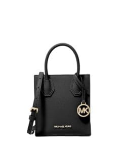 Extra-small black Michael Kors Mercer crossbody bag with gold hardware and structured handles, perfect for women in Bahrain.