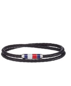 Close-up of a masculine wrist wearing the Tommy Hilfiger Black Leather Double Wrap Bracelet with stainless steel clasp, available in Bahrain.