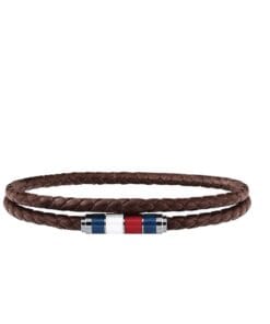 Close-up of Tommy Hilfiger double wrap brown leather bracelet with stainless steel clasp, suitable for men in Bahrain.
