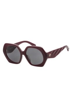 Close-up of Tory Burch Irregular Women's Sunglasses in Bordeaux Acetate frame with Dark Grey lenses, available in Bahrain.