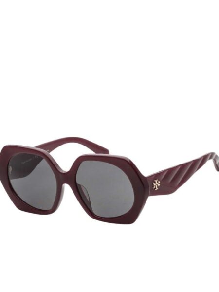 Close-up of Tory Burch Irregular Women's Sunglasses in Bordeaux Acetate frame with Dark Grey lenses, available in Bahrain.
