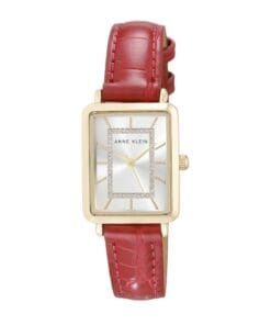 Anne Klein women's watch featuring a red croco-grain strap and glitter accented silver dial