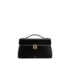 Structured black JW PEI Thea bag with gold hardware, shown carried as a crossbody, perfect for women in Bahrain seeking ethical luxury.