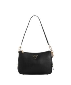 Smooth black faux-leather Guess Daryna shoulder bag with shiny gold-tone hardware and enameled triangle logo, perfect for stylish women in Bahrain.