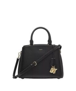 Luxurious black genuine leather DKNY Paige satchel with gold hardware and convertible strap, perfect for women in Bahrain.