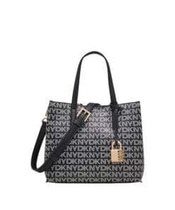 Elegant DKNY Farah black logo satchel bag shown with removable crossbody strap, available at AH Brands Bahrain.