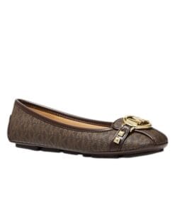 Close-up of Michael Kors Fulton studded logo moccasins in brown signature canvas, size 39, suitable for all genders.