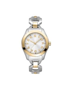 Close-up of DKNY Astoria 33mm women's watch featuring silver and gold two-tone stainless steel bracelet and silver dial, available at AH Brands Bahrain.