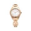 Close-up view of DKNY ASTORIA 33mm rose gold stainless steel ladies watch with silver dial and elegant jewelry buckle.