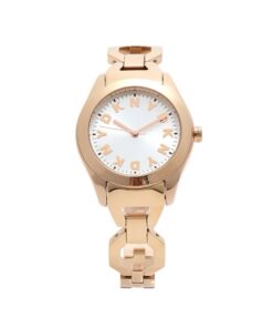 Close-up view of DKNY ASTORIA 33mm rose gold stainless steel ladies watch with silver dial and elegant jewelry buckle.