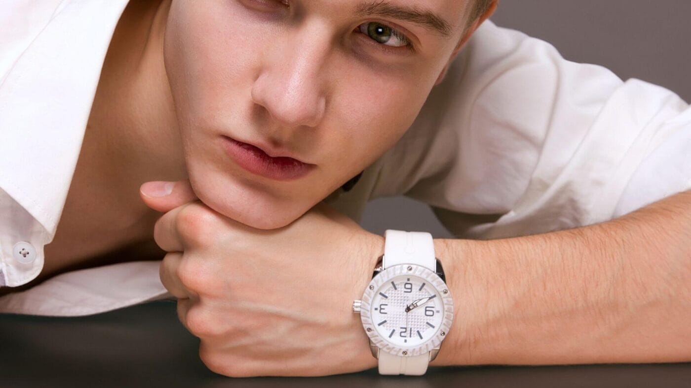Luxury Brands Bahrain - Man wearing authentic white designer watch from AH Brands