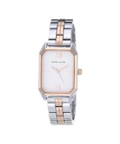 Anne Klein women's octagon bracelet watch in silver and rose gold tones featuring a silver dial.