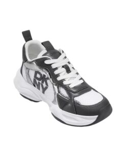 Close-up view of DKNY Deyoung chunky sneaker (White, Gray, Black) showing 1.78-inch heel and metallic accents. Cushioned street shoe for all genders.