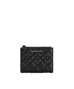 Close-up of Charles & Keith Duo Quilted Small Wallet in black Nappa PU, featuring snap closure and diamond quilting. Perfect accessory for Bahraini women.