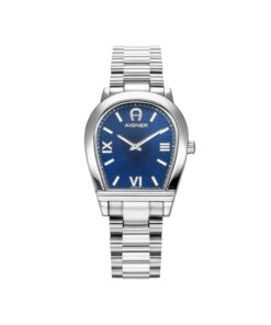 Luxury Aigner men's watch with silver stainless steel strap and blue dial, featuring Swiss quartz movement and hardened mineral glass.
