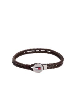 Close-up of Tommy Hilfiger men's brown braided leather bracelet with stainless steel button closure, available in Bahrain.