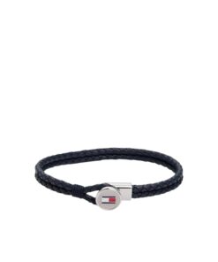 Close-up of Tommy Hilfiger navy braided leather bracelet with stainless steel button closure, available at AH Brands Bahrain.