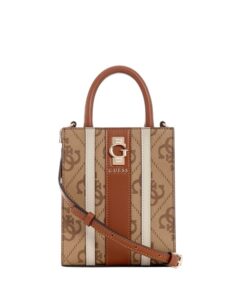 Close-up of the Guess Erenia Quattro G Mini Tote in brown eco faux-leather, showing the pale gold hardware and adjustable crossbody strap. Perfect for women in Bahrain.