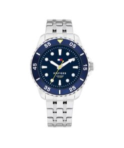 Close-up view of Tommy Hilfiger 36mm Blue Dial Stainless Steel watch for young men, featuring a push-button deployment clasp.