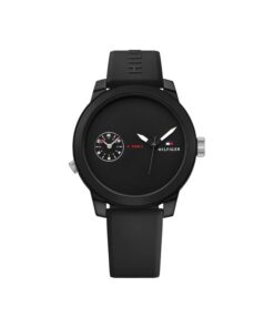 Sleek Tommy Hilfiger Black Silicone Men's Watch 44mm with dual-dial placement, available at AH Brands Bahrain.