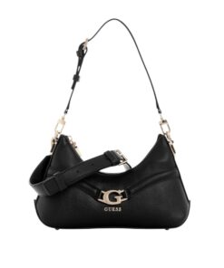 Close-up of Guess Dea black faux-leather shoulder bag with pale gold G logo and chain strap, available exclusively for women in Bahrain.