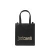 Close-up of black Just Cavalli mini bag with gold logo and Saffiano texture, shown with detachable strap, available in Bahrain.