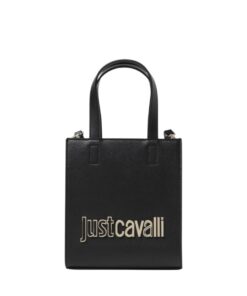 Close-up of black Just Cavalli mini bag with gold logo and Saffiano texture, shown with detachable strap, available in Bahrain.