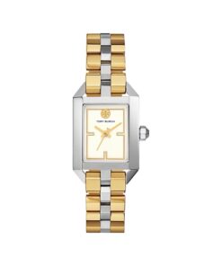 Authentic Tory Burch DALLOWAY women\'s watch featuring a gold and silver two-tone bracelet and elegant ivory dial, perfect for sophisticated outfits in Manama.