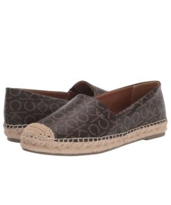 Close-up of Calvin Klein Popular Espresso Logo flats showing the square toe and CK monogram detailing, available in Bahrain.