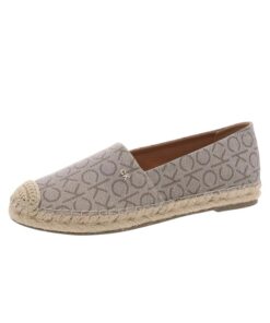 Close-up of Calvin Klein Popular Taupe Faux Leather Espadrille Flats with CK Monogram and Square Toe, available at AH Brands Bahrain.