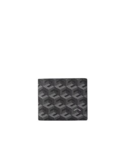 Slim black vegan leather men's wallet by Christy Ng, showing cubic garden monogram detail and bifold structure.
