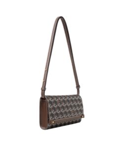 Compact chestnut brown Christy Ng Diego shoulder bag with cubic garden monogram print and adjustable vegan leather strap, perfect for women in Bahrain.