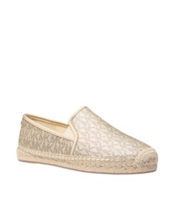 Close-up of Michael Kors metallic signature logo espadrille in pale gold, size 42.5, perfect for all genders in Bahrain.
