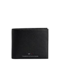 Premium black leather billfold wallet by Tommy Hilfiger with six card slots and front logo patch.