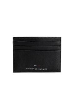 Slim black leather card holder for men by Tommy Hilfiger, featuring 6 slots and embossed logo, available at AH Brands Bahrain.