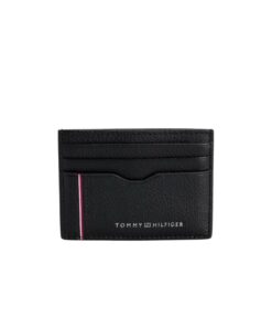 Close-up of Tommy Hilfiger black leather card holder showing embossed logo and smooth texture, ideal for minimalist men in Bahrain.