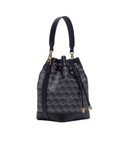 A stylish black Christy Ng Giorgio Bucket Bag with monogram print and gold-tone hardware for women in Bahrain.